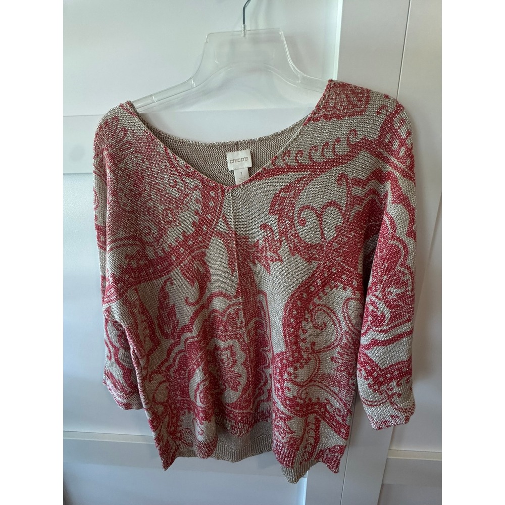 Chicos Red Gold Metallic Paisley Knit V-Neck Sweater 3/4 Sleeve Size 1 Medium‎